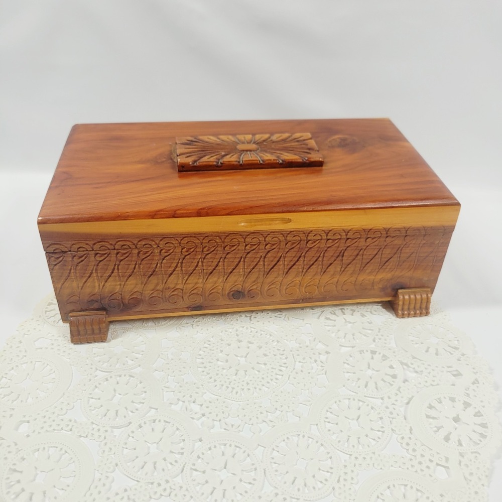 Vintage Carved Cedar Wood Jewelry Trinket Box With Mirror & Feet